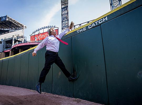 thom serafin re-enacts a catch at guaranteed rate field in chicago illinois
